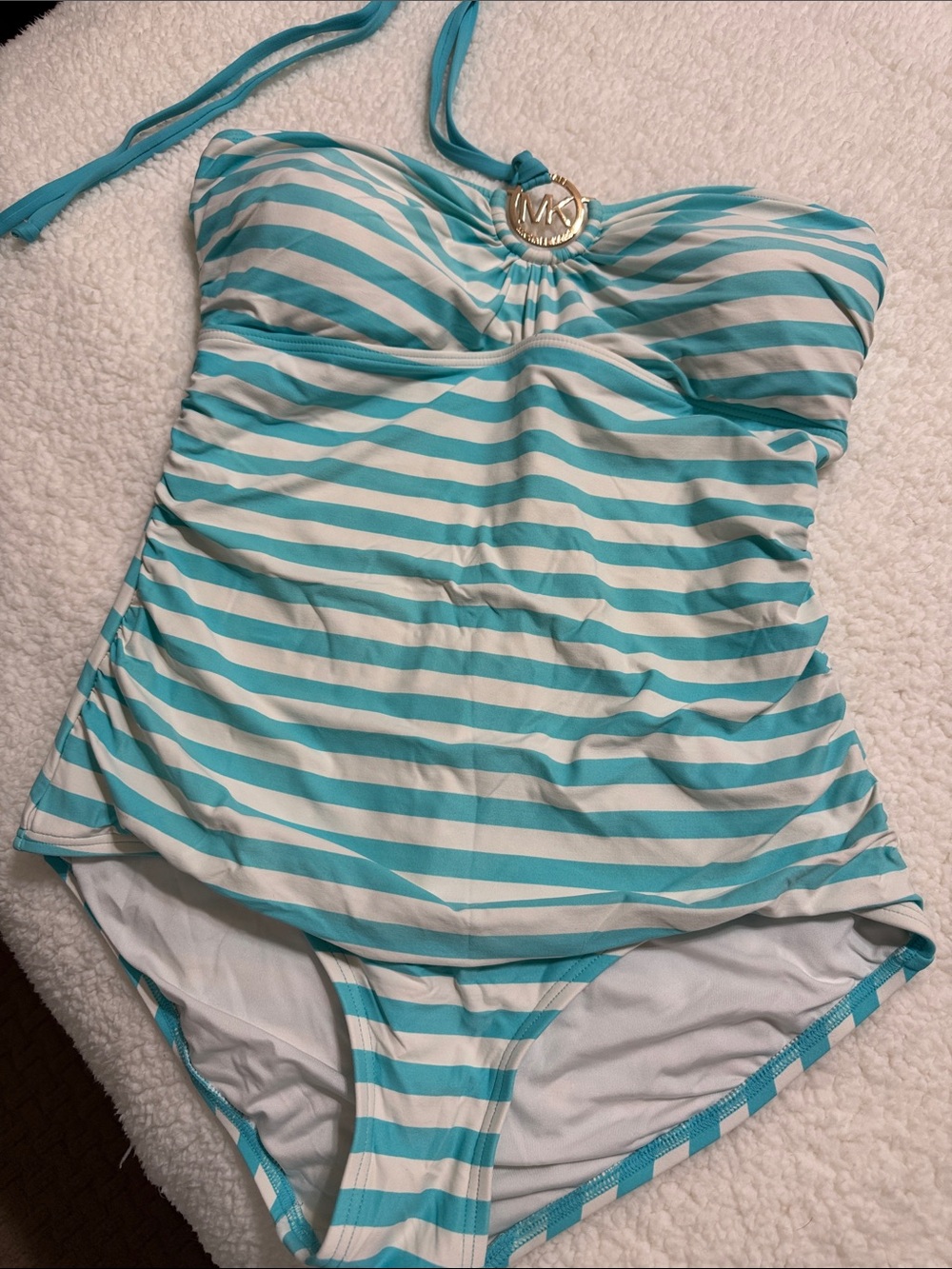 Michael Kors Aqua and White Striped One-Piece Swimsuit with MK Accent